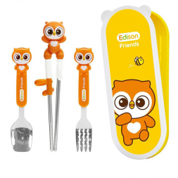 Edison Stainless Chopsticks + Spoon & Fork With Case - Owl